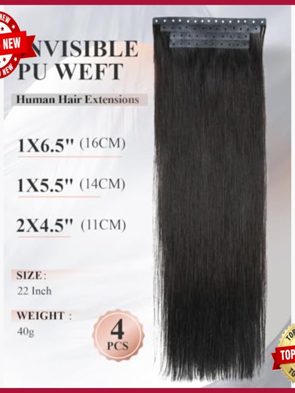 Human Hair Extensions 22 Inch Invisible Weft Glueless 40g 4Pcs - Picture 2 of 6